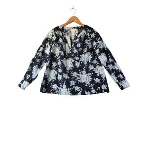 Style & Co Womens PS Metallic Floral Blouse Navy‎ Blue Peasant Top Boho Petite